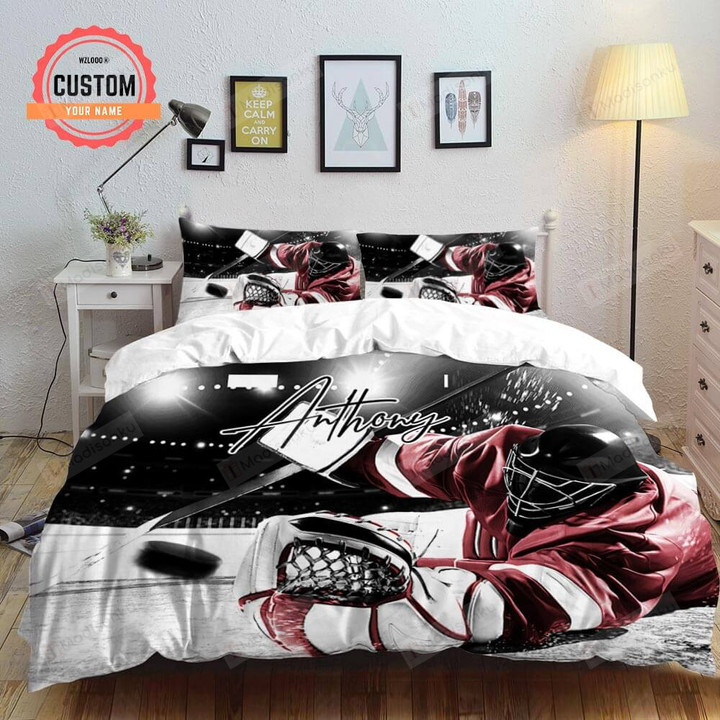 Personalized Ice Hockey Goalie Catching Puck Cotton Bed Sheets Spread Comforter Duvet Cover Bedding Sets Perfect Gifts For Ice Hockey Lover