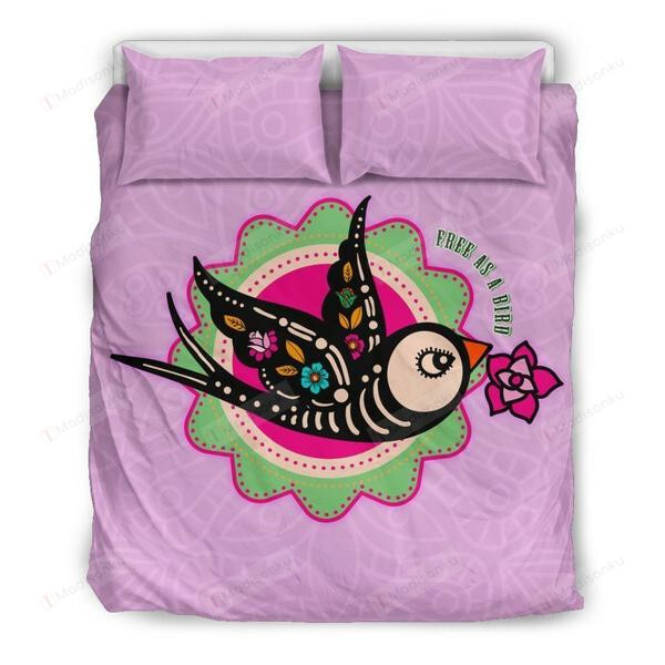 Bird Art Pattern Free As A Bird Pink Bedding Set Bed Sheets Spread Comforter Duvet Cover Bedding Sets