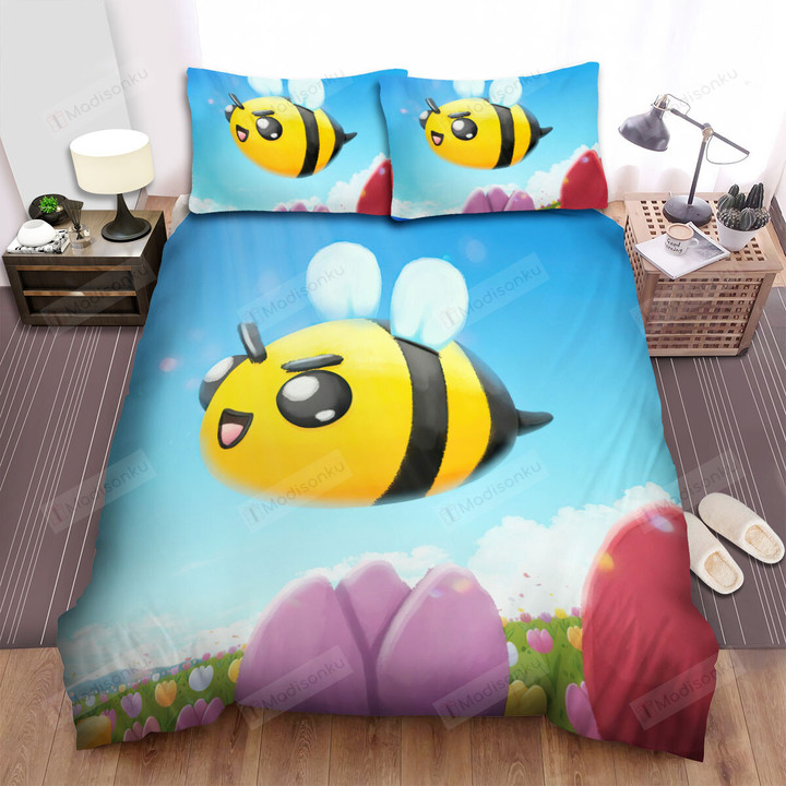 Bee Flying Over Tulips Field Bed Sheets Spread Duvet Cover Bedding Sets