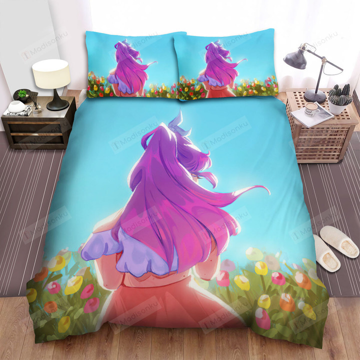 Girl At Colorful Tulips Field Artwork Bed Sheets Spread Duvet Cover Bedding Sets