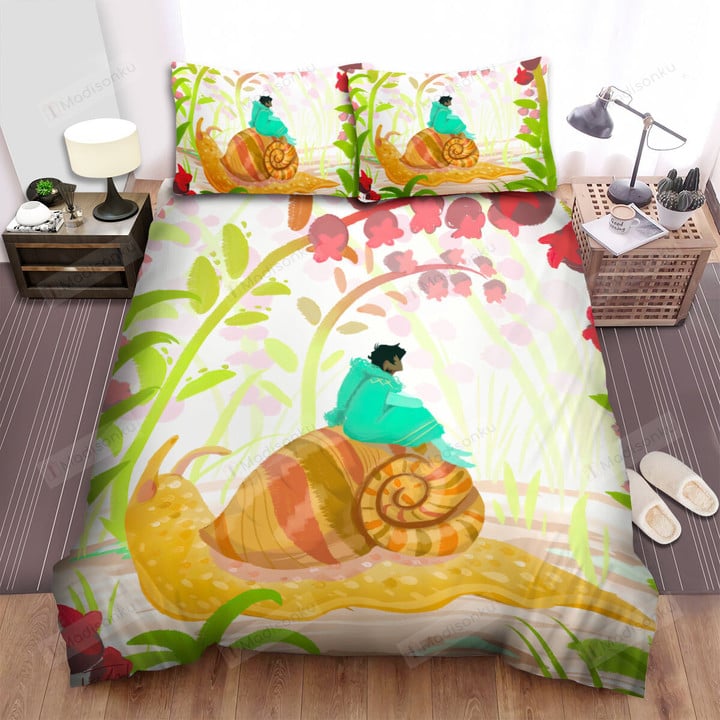 Riding On His Snail Art Bed Sheets Spread Duvet Cover Bedding Sets