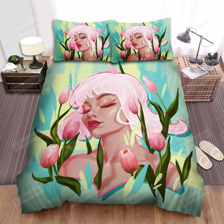 Pink Tulips Girl Portrait Illustration Bed Sheets Spread Duvet Cover Bedding Sets
