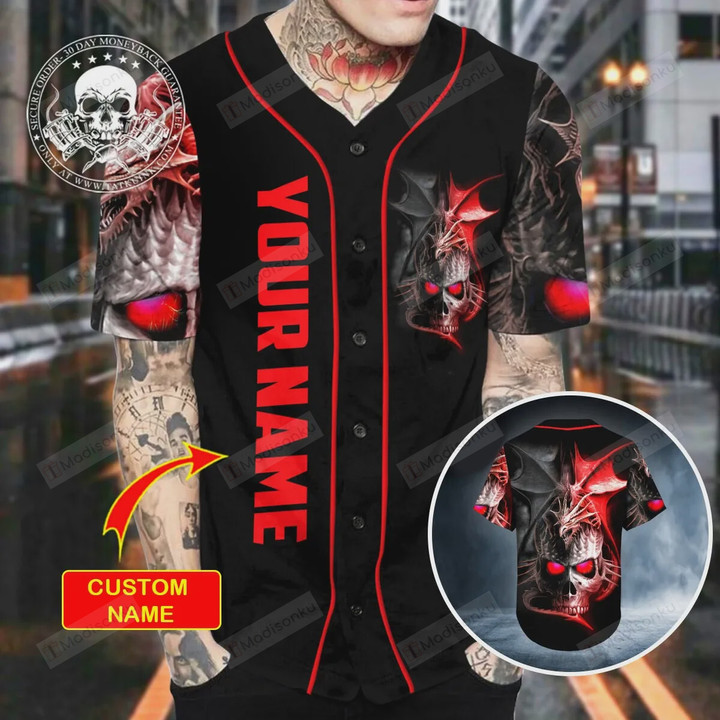 Personalized Custom Name Skull Red Dragon Baseball Tee Jersey Shirt