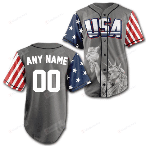 Personalized Grey America Statue Of Liberty Custom Name And Number Baseball Tee Jersey Shirt