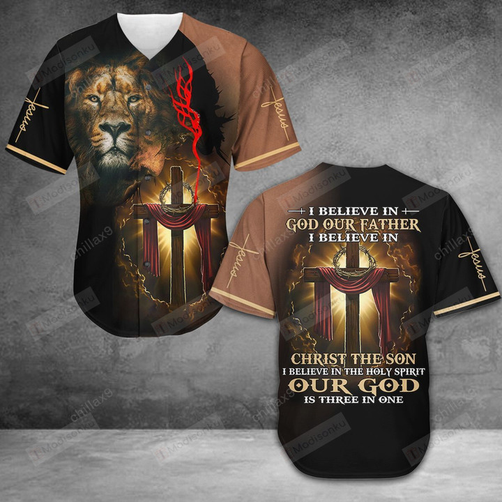 Awesome Lion And Cross - Our God Is Three In One Baseball Tee Jersey Shirt