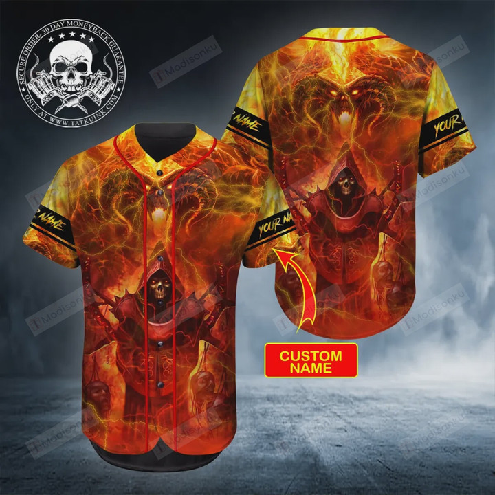 Personalized Custom Name Skull Ghost Fire Baseball Tee Jersey Shirt