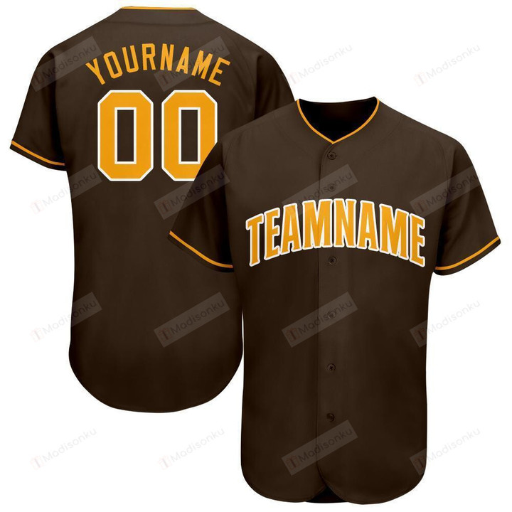 Personalized Brown Gold-White Custom Name And Number Baseball Tee Jersey Shirt