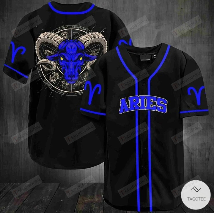 Aries Blue Black Baseball Tee Jersey Shirt