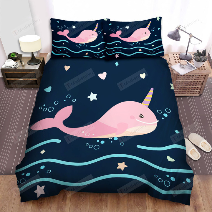The Wildlife - The Pink Narwhal Swimming Bed Sheets Spread Duvet Cover Bedding Sets