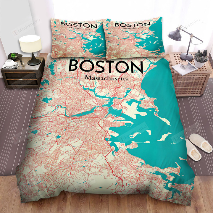 Massachusetts Boston City Map Bed Sheets Spread Comforter Duvet Cover Bedding Sets