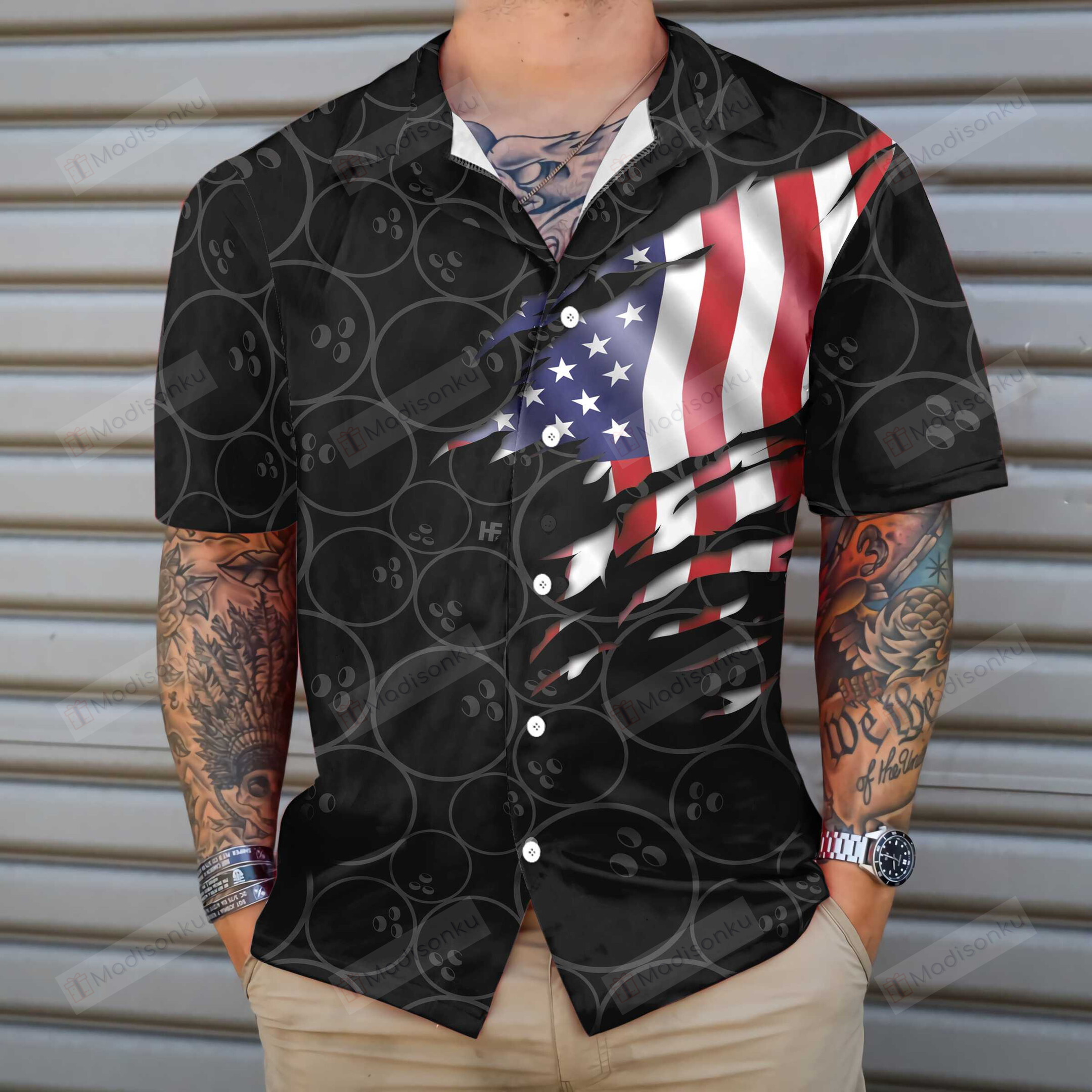 Black Bowling American Flag Pattern Hawaiian Shirt