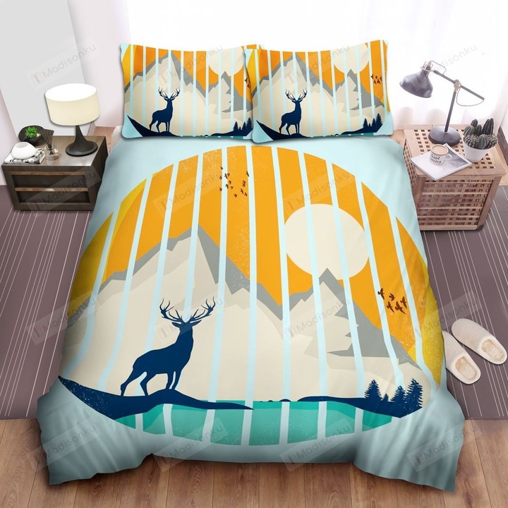 A Deer Silhouette In Sunset At Rocky Mountain Illustration Bed Sheets Spread Comforter Duvet Cover Bedding Sets