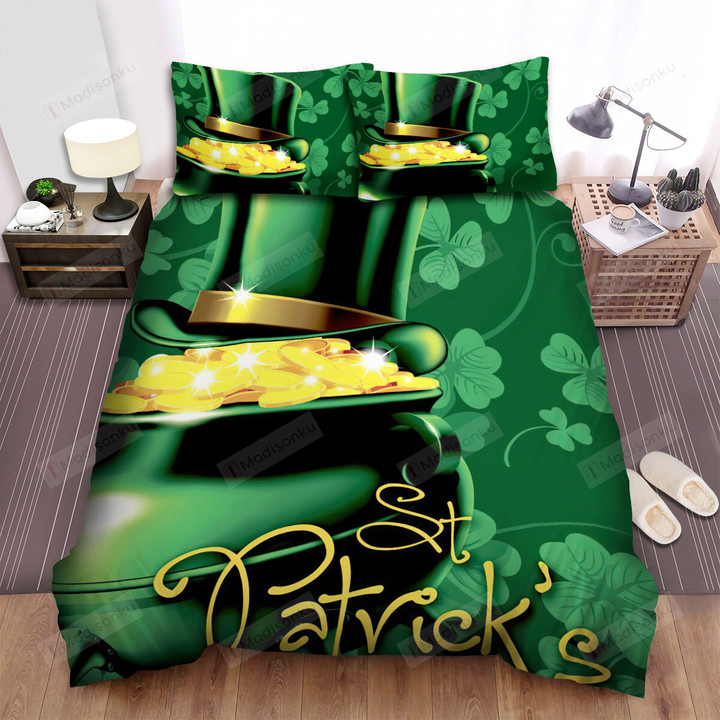 Saint Patrick's Day Pot Of Gold Hat On The Pot With Shamrock Bed Sheets Spread Comforter Duvet Cover Bedding Sets