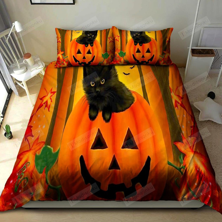 Black Cat On The Pumpkin Halloween Cotton Bed Sheets Spread Comforter Duvet Cover Bedding Sets