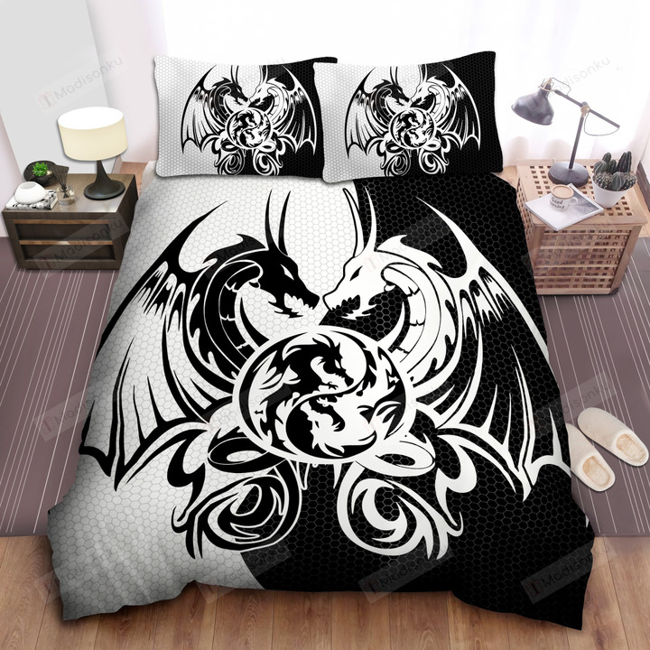 Black & White Dragon Art Cotton Bed Sheets Spread Comforter Duvet Cover Bedding Sets