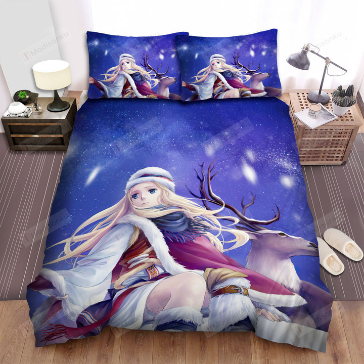 The Christmas Art, Reindeer And Owner Watching Snowfall Bed Sheets Spread Duvet Cover Bedding Sets