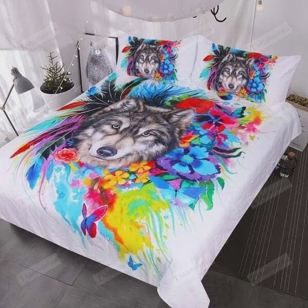 Floral Boho Wolf Cotton Bed Sheets Spread Comforter Duvet Cover Bedding Sets