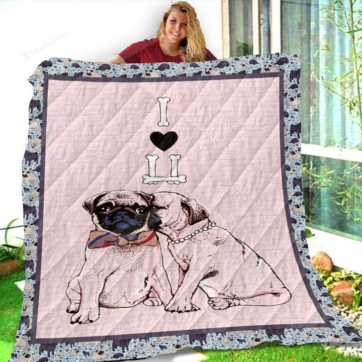 Pug Couple Dogs I Love You Bones Quilt Blanket Great Customized Blanket Gifts For Birthday Christmas Thanksgiving