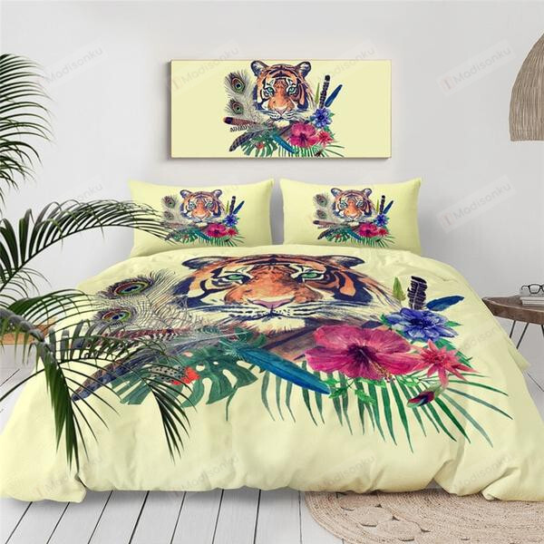 Tiger And Flowers Cotton Bed Sheets Spread Comforter Duvet Cover Bedding Sets