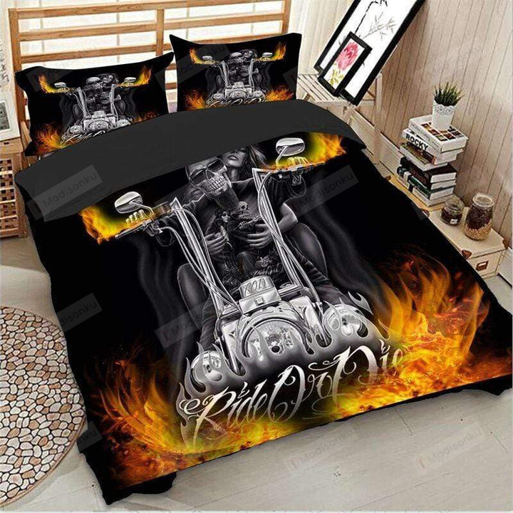 Skull 3d Motorcycle Biker Ride Or Die Bedding Set For Fans