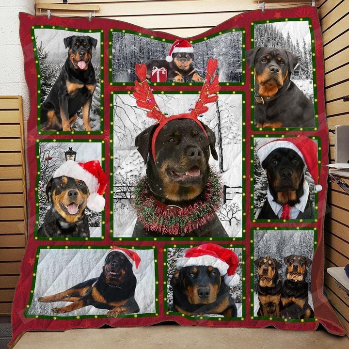 Rottweiler Wearing Red Antler  Quilt Blanket Great Customized Blanket Gifts For Birthday Christmas Thanksgiving