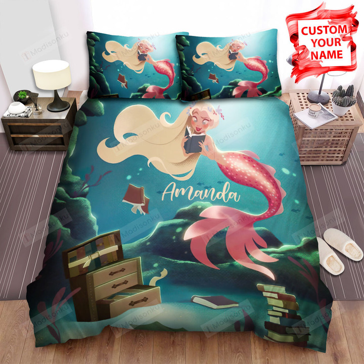 Mermaid Reading Bed Sheets Spread Comforter Duvet Cover Bedding Sets