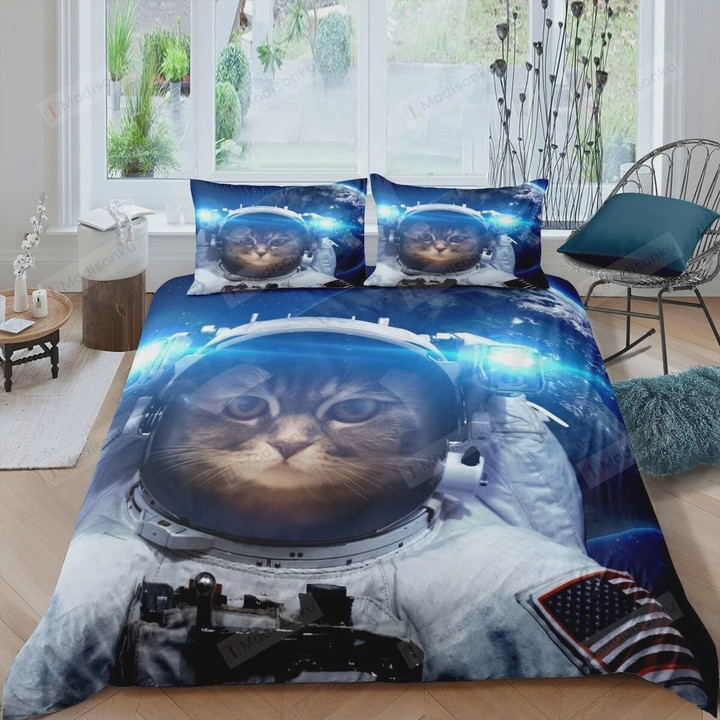 3D Cat Astronaut Galaxy Outer Space Cotton Bed Sheets Spread Comforter Duvet Cover Bedding Sets