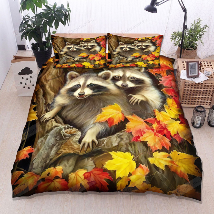 Raccoons In Fall Cotton Bed Sheets Spread Comforter Duvet Cover Bedding Sets