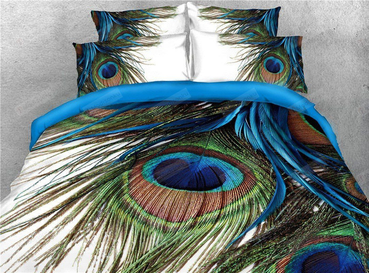 Peacock Feathers Cotton Bed Sheets Spread Comforter Duvet Cover Bedding Sets