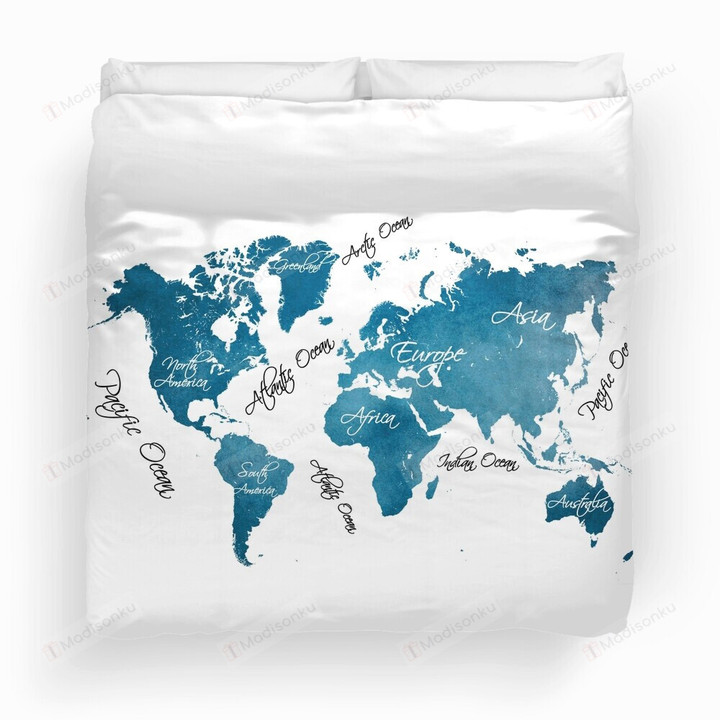 World Map Blue And White Duvet Cover Bedding Set