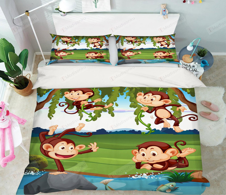 Mischievous Cartoon Monkeys Pattern Bed Sheets Duvet Cover Bedding Sets