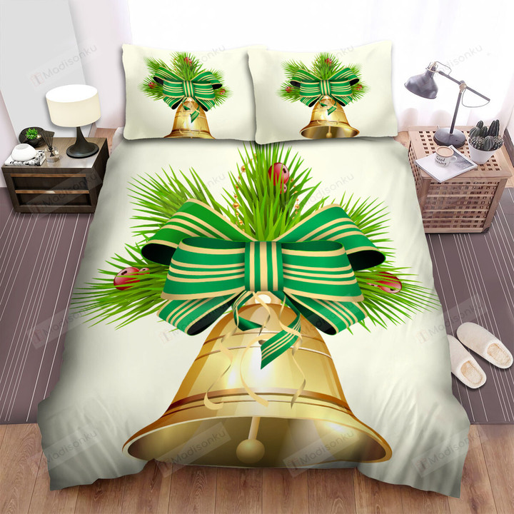 Christmas Art, Christmas Bell With Green Ribbon Bed Sheets Spread Duvet Cover Bedding Sets