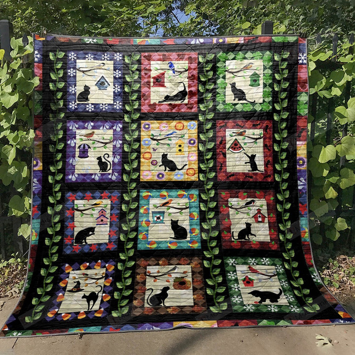 Black Cat With Mini House Colorful Bird House Quilt Blanket Great Customized Blanket Gifts For Birthday Christmas Thanksgiving