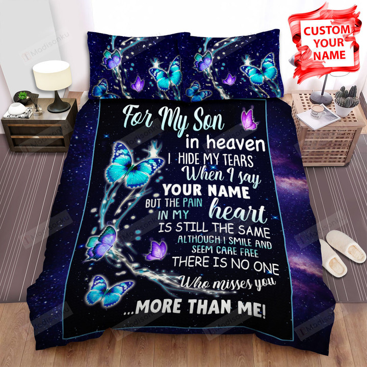 Family To My Son In Heaven Blue Purple Butterflies Galaxy Bed Sheets Spread Comforter Duvet Cover Bedding Sets