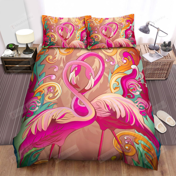 The Pink Bird - The Flamingo And Colored Waves Bed Sheets Spread Duvet Cover Bedding Sets