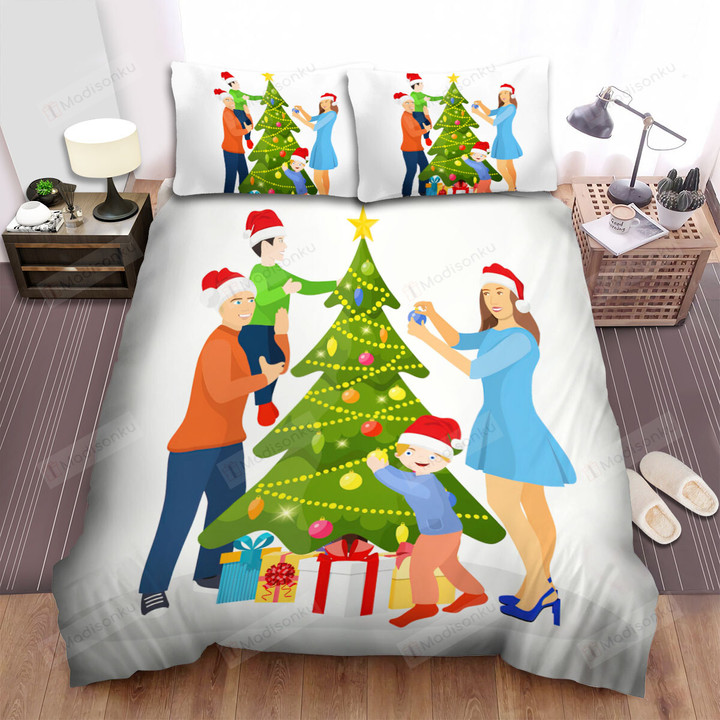 The Christmas Art, Family Decorating Christmas Tree Vector Bed Sheets Spread Duvet Cover Bedding Sets