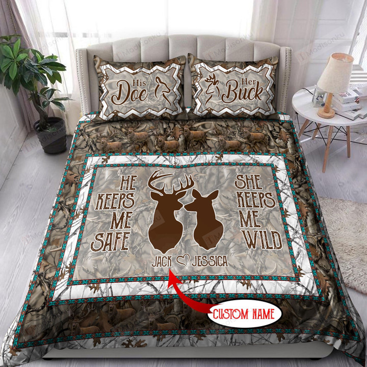 Personalized Deer Couple He Keeps Me Safe She Keeps Me Wild Bed Sheets Spread Comforter Duvet Cover Bedding Sets