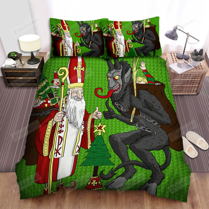 Christmas Art, The Saint And The Krampus Bed Sheets Spread Duvet Cover Bedding Sets
