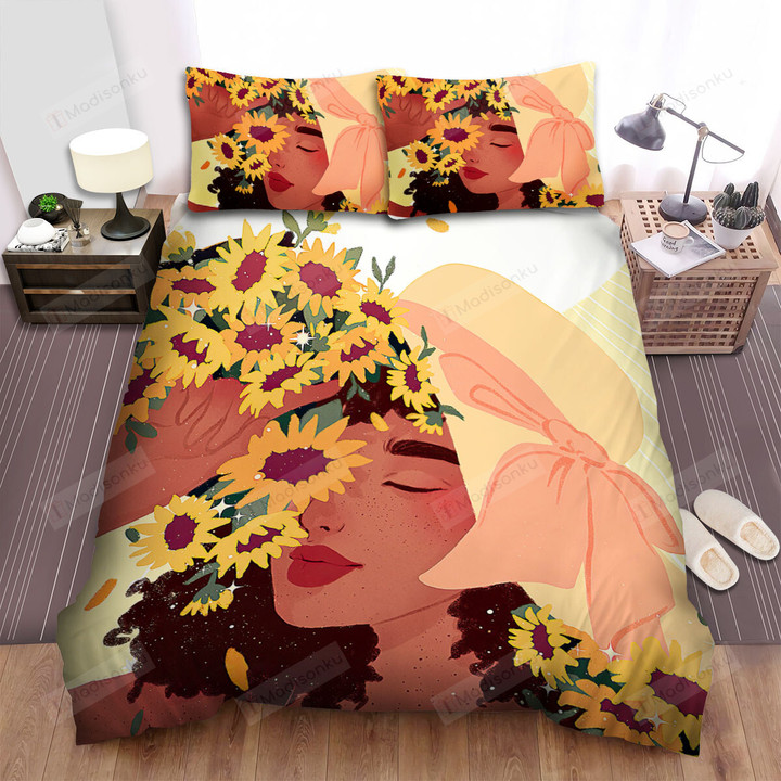 Sunflower Black Girl Wearing Hat And Sunflowers Eyes Closed Bed Sheets Spread Comforter Duvet Cover Bedding Sets
