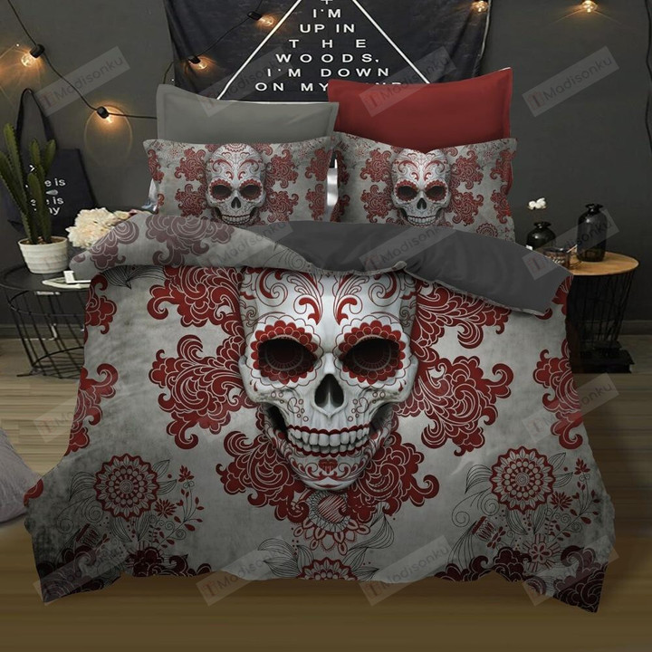 Skull Red Flowers Symmetric Cotton Bed Sheets Spread Comforter Duvet Cover Bedding Sets