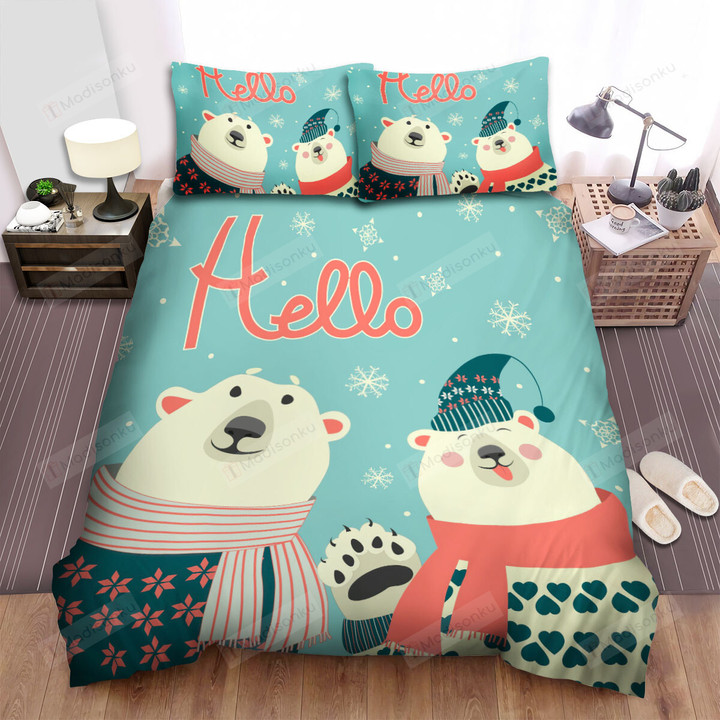 The Christmas Art, Hello From Polar Bear Bed Sheets Spread Duvet Cover Bedding Sets
