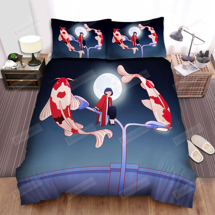The Fish From Japan - The Koi Fish Around The Lamppost Bed Sheets Spread Duvet Cover Bedding Sets