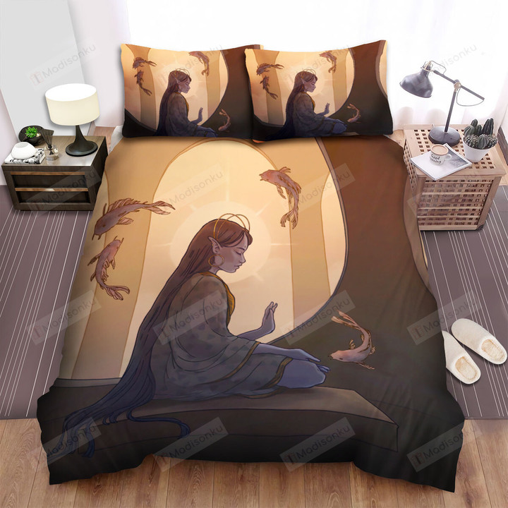 The Fish From Japan - The Meditating Woman And The Koi Fish Bed Sheets Spread Duvet Cover Bedding Sets