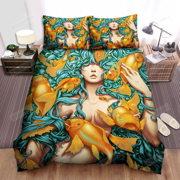 The Fish From Japan - The Goldfish And Koi Fish Beside The Naked Girl Bed Sheets Spread Duvet Cover Bedding Sets