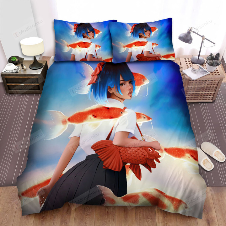 The Fish From Japan - The Schoolgirl Among The Koi Fishes Bed Sheets Spread Duvet Cover Bedding Sets