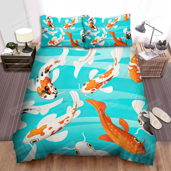 The Fish From Japan - The Koi Fish In Blue Vector Art Bed Sheets Spread Duvet Cover Bedding Sets
