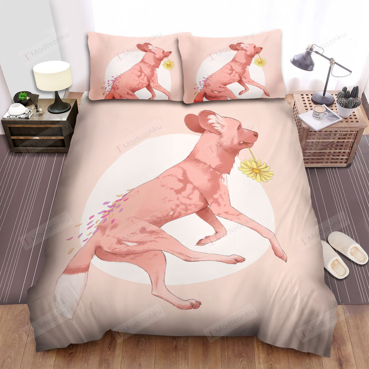 The Wild Animal - The African Wild Dog Holding A Yellow Flower Bed Sheets Spread Duvet Cover Bedding Sets