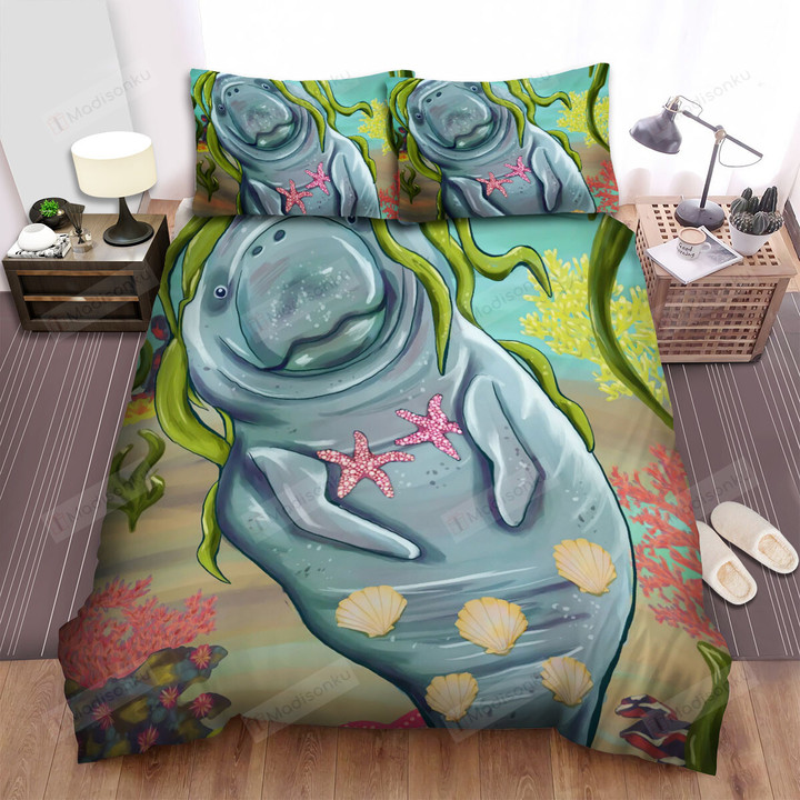 The Wild Animal - The Manatee Mermaid With Starfishes Bed Sheets Spread Duvet Cover Bedding Sets