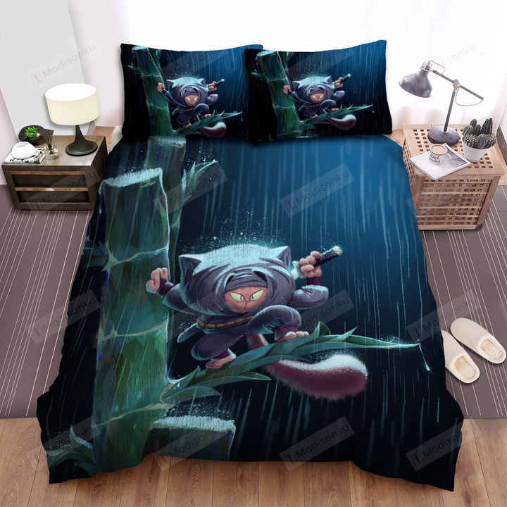 Cute Ninja Cat Under The Rain Illustration Bed Sheets Spread Duvet Cover Bedding Sets
