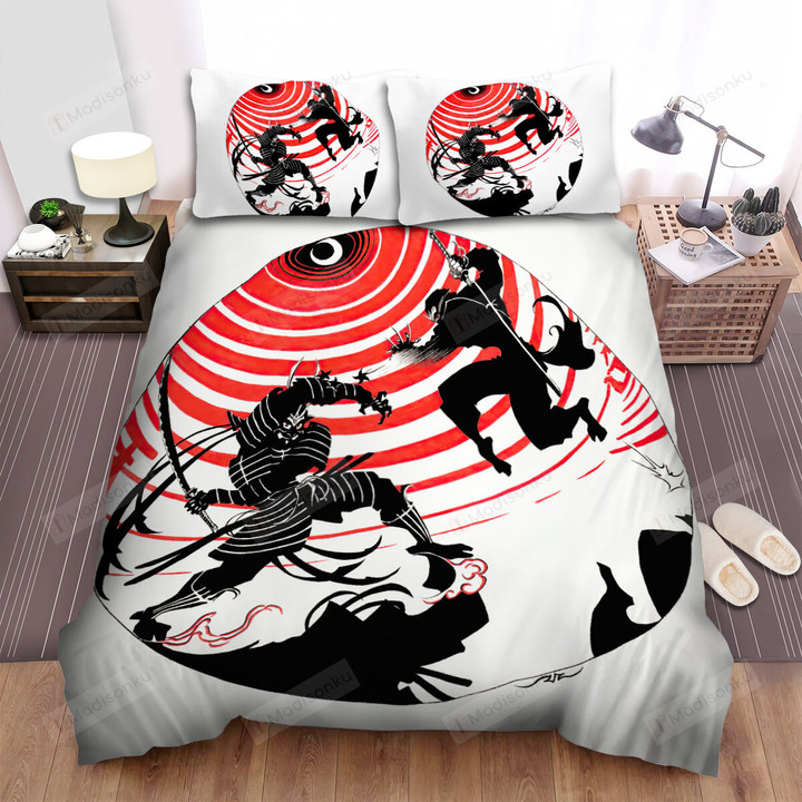 The Battle Of Ninja & Samurai Silhouette Illustration Bed Sheets Spread Duvet Cover Bedding Sets